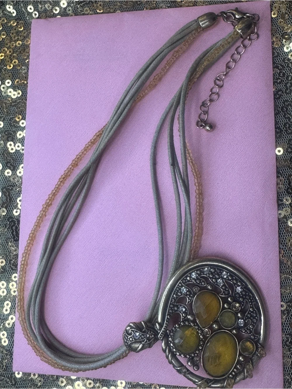 Silver and gold -Tone Pendant Necklace with Yellow Cabochons